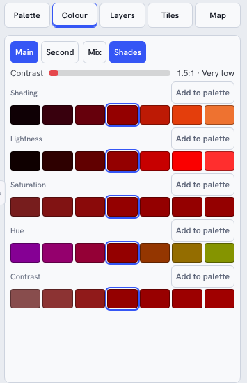 Pixel Pak colour panel showing shading, lightness, saturation, hue and contrast rows