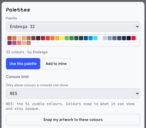 Palettes window with the NES console colour limit selected