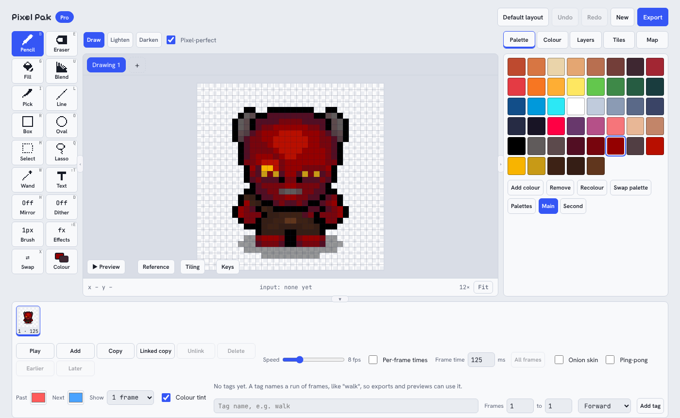 Pixel Pak pixel art editor showing the Little Devil sprite