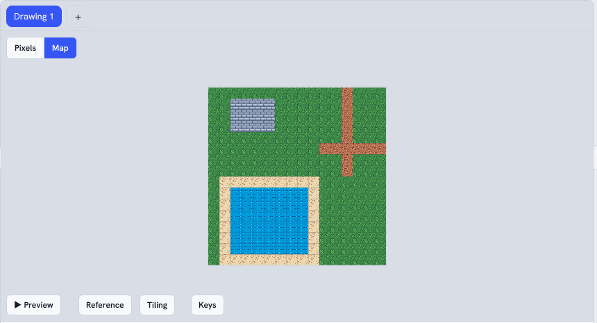 Pixel Pak tile map with grass, a pond, a path and a brick building