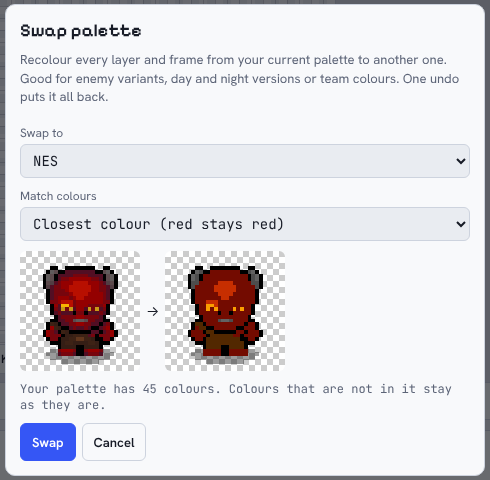 Swap palette window showing Little Devil recoloured into NES colours
